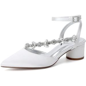 Womens Mid Block Heel Trouwschoenen voor Bruid Satijnen Enkelbandje Puntige Neus Jurk Avondfeest Slingback Hof Schoenen,ivoor,36 EU