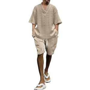 Heren 2-delige outfits Casual joggingpak met korte mouwen Fitness trainingspak Set effen kleur SHorts sweatsuit (Color : Khaki, Size : M)