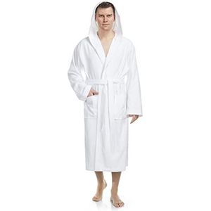 Herenbadjas met capuchon, kuitlengte, 100% Katoenen Badstof, Wit, S