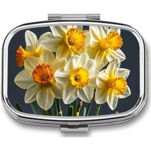 Boeket van narcissen pillendoosje met 2 compartimenten, pillenorganizer, draagbare vierkante pillendoos, vitaminepillenorganizer voor zakportemonnee en reizen