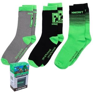 Minecraft Creeper sokken, sokken, sneakersokken, ook met geschenkverpakking, hoog katoenaandeel, jongenssokken, 3 of 5 paar, zwart-grijs, 39/42 EU