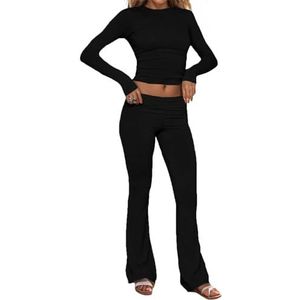 Women's 2 Piece Lounge Sets Fold-over Flare Pants, Cotton Long Sleeve Crop Top and Pants Casual Outfits Yoga Set (M,Black)