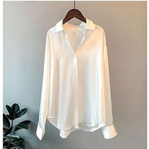 Zijde Koreaanse Kantoor Dames Elegante Shirt Blouse Vrouwen Mode Button Up Satijnen Shirt Vintage Witte Lange Mouwen Tops Femme