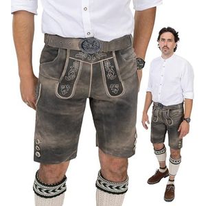 Schöneberger Trachten Couture Heren lederhose kort met traditionele riem, bruine klederdrachtbroek voor Oktoberfest, klederdrachtbroek Starnberg, bruin-antiek, 46