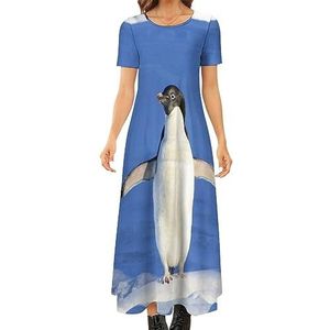 Pinguïn dames zomer casual korte mouwen maxi-jurk ronde hals bedrukte lange jurken XL