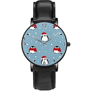Pinguïn Met Rode Sjaal Hoed In Sneeuw Persoonlijkheid Zakelijke Casual Horloges Mannen Vrouwen Quartz Analoge Polshorloges, Zwart