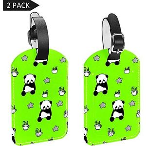 PU Lederen Bagage Tags met Leuke Kleine Panda Beer Op Groene Achtergrond Print Naam ID Labels voor Reistas Bagage Koffer met Terug Privacy Cover 2 Pack