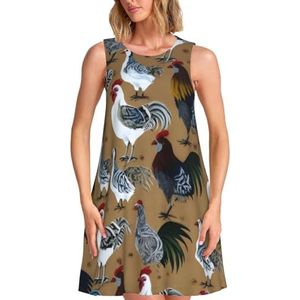ELSMZXZD Gothic Zwarte Rozen Print Dames Zomerjurken - Casual Mouwloze Jurk Zonnejurk 2025 Strand met Zak, Haan en kip, S