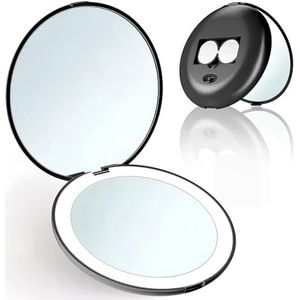 Draagbare zakspiegel, dubbelzijdige make-upspiegel met LED-verlichting, mini 1 x / 2 x vergroting, kleine make-upspiegel voor portemonnee, handtas (zwart)