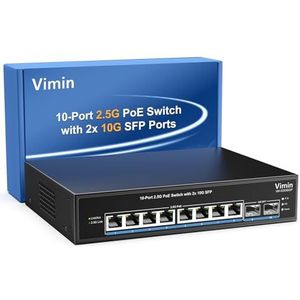 VIMIN 8X 2,5G Base-T poe-switch @130W+2X 10Gbps SFP, 8-poorts poe switch met 80 Gbps Ethernet switching capaciteit, ondersteuning van IEEE802.3af/at, VLAN, metalen