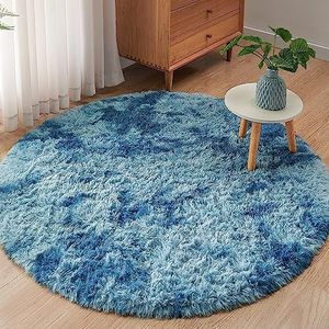 ROHATIM Pluche tapijt, rond, pluizig tapijt voor woonkamer, moderne woonkamer, meisje, zacht en pluizig tapijt voor de slaapkamer, kindermat (pauwblauw, Ø 150 cm rond)