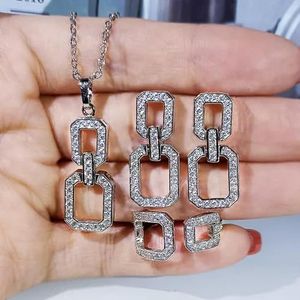 925 Zilveren Luxe Juwelenreeksen Geometrische Twee Vierkante Holle Kristal Halsketting Ring Oorbellen Voor Vrouwen Huwelijk Reeksen