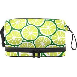 Dubbellaags Cosmetische Tas Groene Limoen Citrus Draagbare Make-up Tas Reizen Organizer Pouch Voor Vrouwen Meisjes Toiletries Tassen, Meerkleurig, 27x15x14 cm/10.6x5.9x5.5 in, Make-up zakje