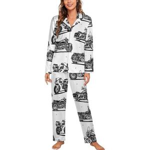 Retro Motorfiets Patroon Lange Mouw Pyjama Sets Voor Vrouwen Klassieke Nachtkleding Nachtkleding Zachte Pjs Lounge Sets