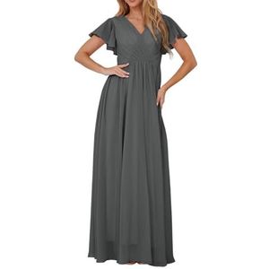 Bruidsmeisjesjurken met korte mouwen voor bruiloft, geplooide chiffon, formele avondfeest, maxi-jurk, V-hals, AH153, Grijs, 32