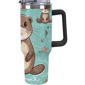 STVNKML 40 oz beker met handvat cartoon schattige otter roestvrijstalen koffiemok herbruikbare reismok lekvrije geïsoleerde autobeker grote capaciteit beker voor reizen, buiten, thuisgebruik (zwart)