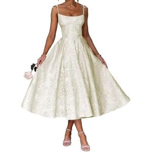 AHERKLL Spaghetti Bandjes Bruidsmeisjes Jurken Bloemen Satijn Jacquard Formele Avond Feest Maxi Jurk Thee Lengte HAH048, Ivoor, 48 grote maten
