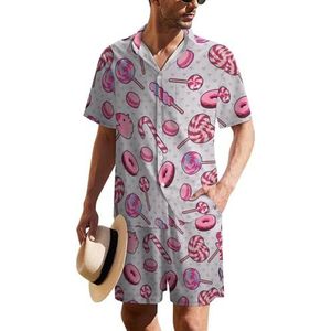 Roze snoepjes met harten Hawaïaans pak voor heren, set van 2 stuks, strandoutfit met korte mouwen en korte broeken, bijpassende set