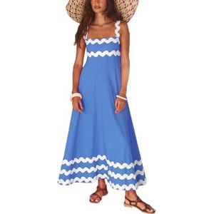 Dames zomer maxi-jurk casual boho mouwloze spaghettibandjes gesmokte lange strandzonjurken(Color:Blue White B,Size:Medium)