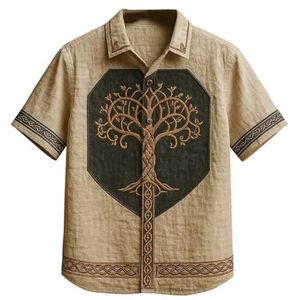 JHBTFQ Viking Yggdrasil/Levensboom Linnen Shirt Korte Mouwen 3D-geprint Hawaiiaans Vintage Dames Heren Tops Noords Cadeau,Khaki,3XL