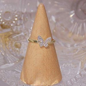 LUOBO Koreaanse 14 K Real Gold Holle Vlinder Cz Ring Voor Vrouwen Verstelbare Open Ontwerp Pave Zirkoon Vlinder Ring Bruiloft Sieraden Gift