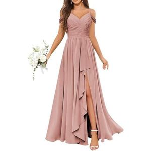Chiffon bruidsmeisjesjurken voor dames, met split, lange baljurken, cocktailjurken, grote maten, Stoffige Roos, 32