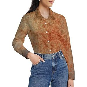Abstracte bruine roestkleur damesshirt lange mouw button down blouse casual werk shirts tops L
