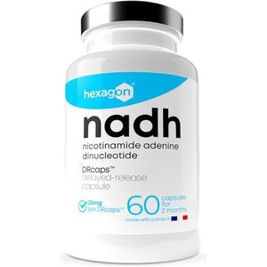 NADH 25mg - +2 Maanden Kuur, met DRcaps™ - Vertraagde afgifte - Cellulaire energie & metabolisme - Made in France - 60 plantaardige capsules - Veganistisch - Hexagon