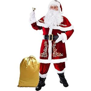 Heren kerstman pak 12 stuks set rood deluxe fluweel volwassen kerstman kostuum voor kerstfeest Cosplay (kleur: rood, maat: 3XL)