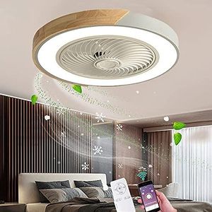 Houten Plafondventilator Met Verlichting Ronde Platte LED Plafondlamp Met Ventilator, 3 Snelheden Dimbaar Met APP En Afstandsbediening Voor Woonkamer Slaapkamer Ventilator Plafondlamp Met Timer,Wit