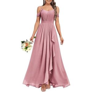 HPPEE Dames V-hals koude schouder bruidsmeisjes jurken met split ruches chiffon formele avondjurk, Stoffige Roos, 32