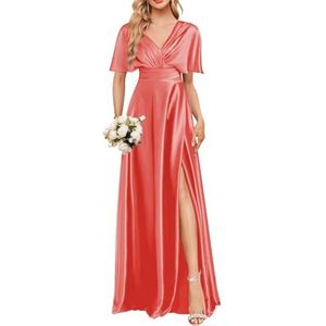 Satijnen Galajurken voor Vrouwen Zeemeermin Formele Avondbaljurken met spleet Ceremonie Jurken Plus Size, Koraal, 32