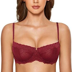 DOBREVA Balconette Beha Dames met Beugel Dirndl Push Up Sexy Beha's Kant Grote Maten Ongevoerd Donkerrood 75G