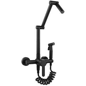 Potvullingskraan, messing warme en koude keukenmixer Tik, wandmontage roterende opvouwbare keukenkraan met sproeier, trek twee gat bidetkraan, zwart (kleur: geborsteld nikkel) (nero)