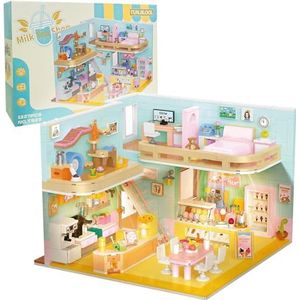 Mini creatief speelhuis bouwstenen set met LED-lichthuis huisje constructie bouwspeelgoed cadeau voor jongens meisjes NIET compatibel met le/go(Milk Tea Shop)