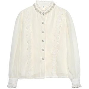 ROUZIHU Vrouwen Franse Chiffon Shirt Kant Opstaande Kraag Ondergoed Lange Mouw Kralen Top(XXL)