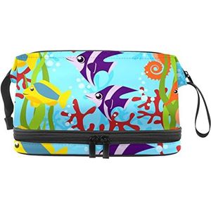 Sea Creatures Makeup Bag Double Layer Ruime Cosmetische Zakken voor Vrouwen en Meisjes Reizen Draagbare Toiletry Pouch met Rits, Meerkleurig, 27x15x14 cm/10.6x5.9x5.5 in, Make-up zakje