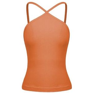 Dames Halter Geribbeld Gebreid Hemdje, Sexy Slanke Crop Tops Zonder Rug, Zomer Effen Kleur Shirt(Color:Orange,Size:XL)