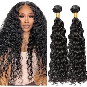 Lakaisa Water Wave Human Hair Bundles Sew in Hair Natural Black Real Hair Extensions 2 Bundles Unprocessed Virgin Human Hair Minimal Smell Low Shedding for Women 16 16 Inch