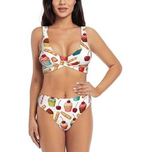 Zelinge Leuke Wrap Front Bikini Top en Hoge Taille Bottom Zomer Badpak Twist Front Badpak S-2XL, Cupcakes Vruchten Schattig, S