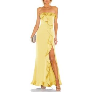 Dames Strapless Ruches Prom Jurken met Split Mouwen Satijn Bruidsmeisje Jurken A-lijn Formele Avond Party Jassen, Lichtgeel, 32