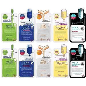 Mediheal Stofmasker met N.M.F Aquaring Ampoule + Collageen Impact + Teatree Care + E.G.T Timetox Ampoule EX + W.H.P Hydrating EX, elk 2 stuks, 5 verschillende maskers, Korea Skincare verpakking