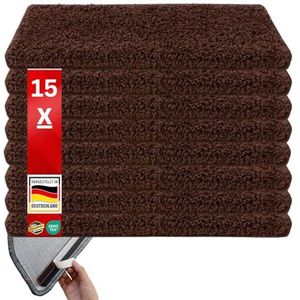 Floordirekt Shaggy-Trapmatten Barcelona, set van 15 stuks, trapmatten in 16 kleuren, duurzaam en onderhoudsvriendelijk, traptapijt voor binnen (donkerbruin, rechthoekig, 65 x 23,5 cm)