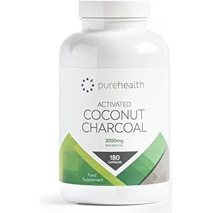 Actieve kool van kokosnoot 2000 mg dagelijkse dosering | Zonder vulstoffen/bindmiddelen | 180 capsules | Non-GMO