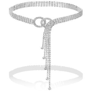 HaploS Glitterriem, strass, kettingriem, tailleband voor dames, zilver, kristallen O-ring, tailleriem, verstelbare glitterriem voor jurken, jeans, T-shirts, broeken, mantel tot 115 cm