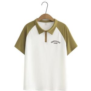 SDFGH Basic T-shirt dames blokkleur borduurwerk polokraag tees korte mouw tops oversized curve kleding (Color : Gr�n, Size : 4X-Large)