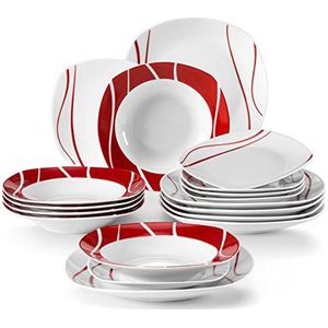 MALACASA, Serie Felisa, 18-delige dinersets rode strepen ivoor wit porselein diner servies set met 6-delige dessertborden 6-delige soepborden en 6-delige dinerborden