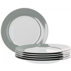 Van Well Vario platte bordenset, 6-delig, tafelservies voor 6 personen, platte eetborden met Ø 26,5 cm, porseleinservies wit met rand in grijze bordenset, magnetronbestendig