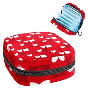 Valentijnsdag Rode Liefde Patroon Periode Pouch Draagbaar,Tampon Opbergtas voor Maandverband, Meerkleurig, 4.7x6.6x6.6 in/12x17x17 cm