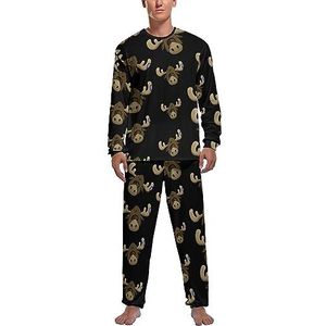 Cartoon rendier zachte heren pyjama set comfortabele lange mouwen loungewear top en broek geschenken L